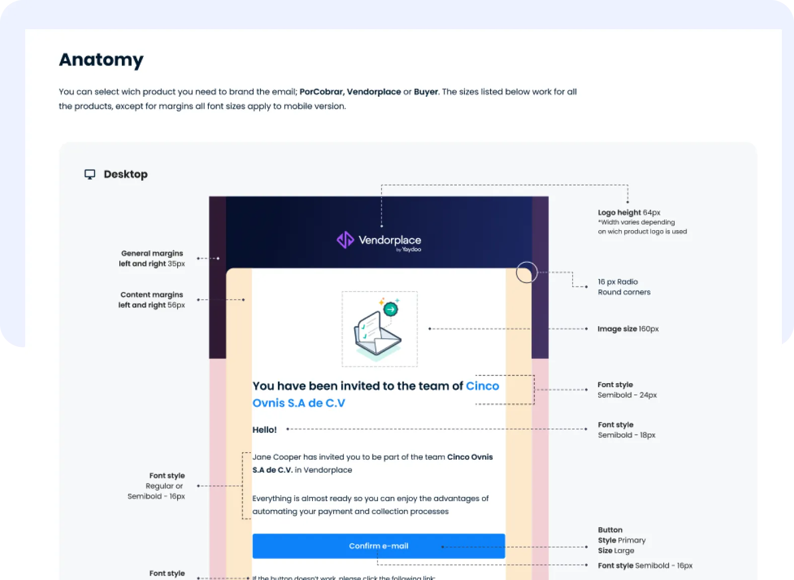 Grill Design System email anatomy — Vendorplace / Buyer invitation email documented atom-by-atom with content insets, radii, image sizes, font styles and button variants for engineering implementation