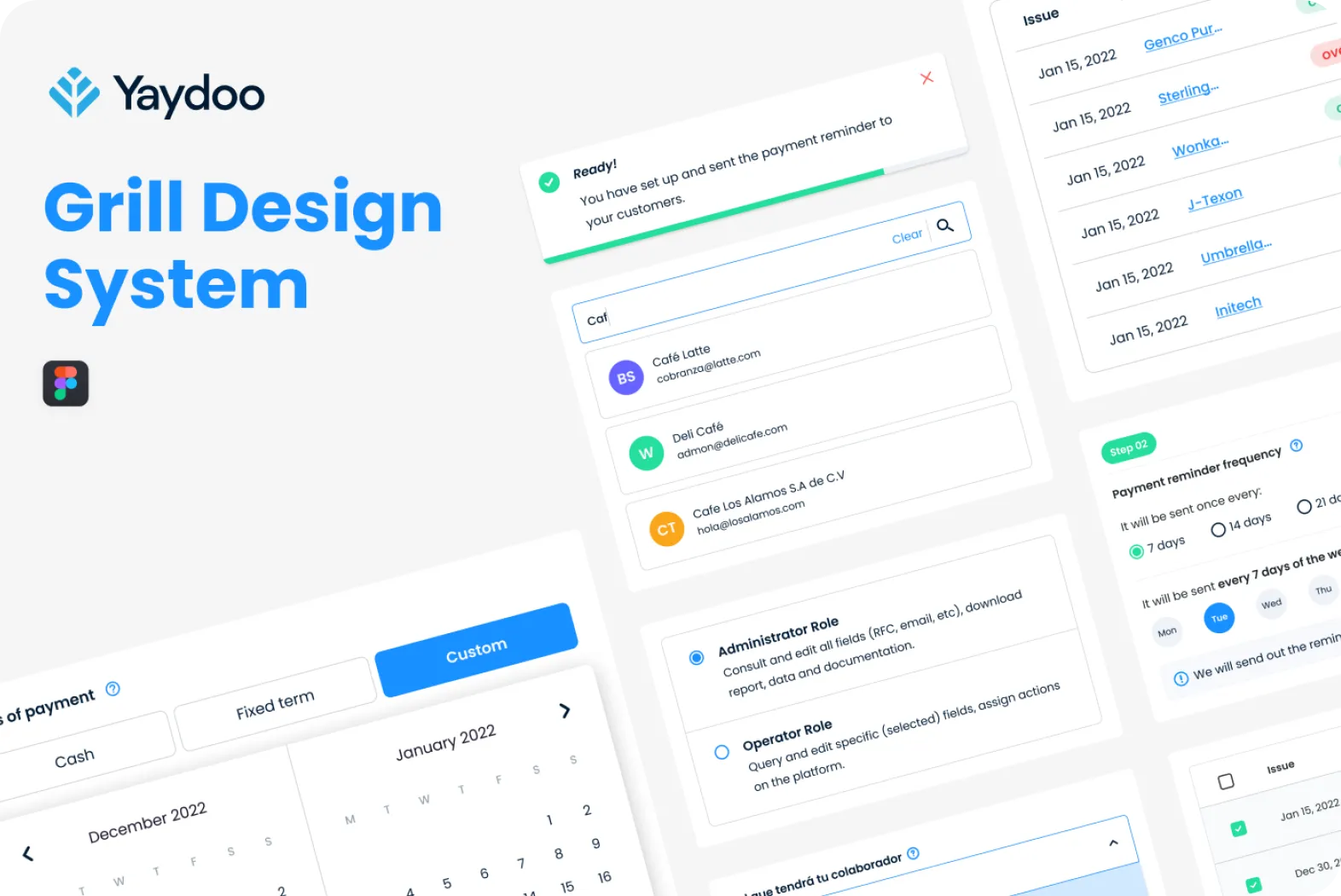 Grill Design System by Yaydoo — the design-system library that unified 6+ Yaydoo fintech products, shown as a Figma file alongside live invitation email, payment reminder and calendar components