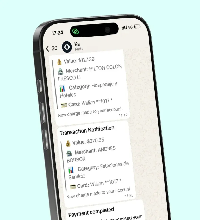 Karta AI Concierge over WhatsApp — explaining a charge and confirming a payment