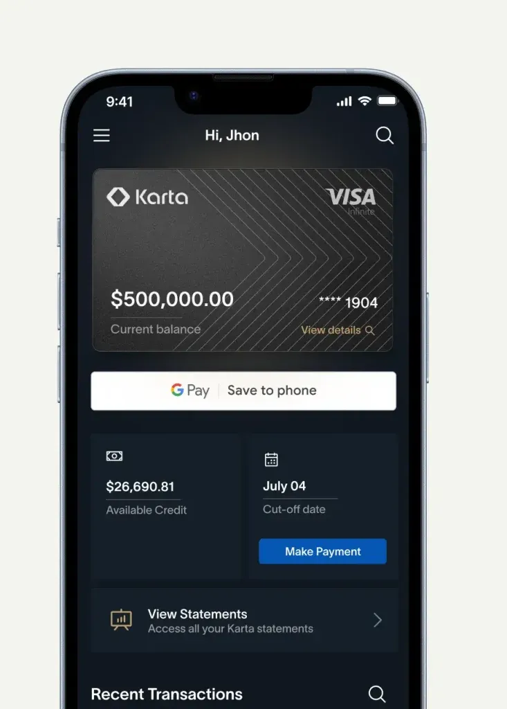Karta digital card — ready for Apple Pay with balance and transactions visible