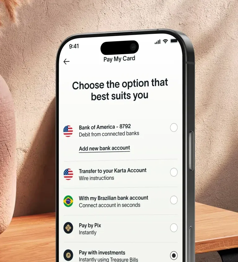 Paying the Karta credit card bill — choose between bank transfer, Pix, investments, or cryptocurrencies