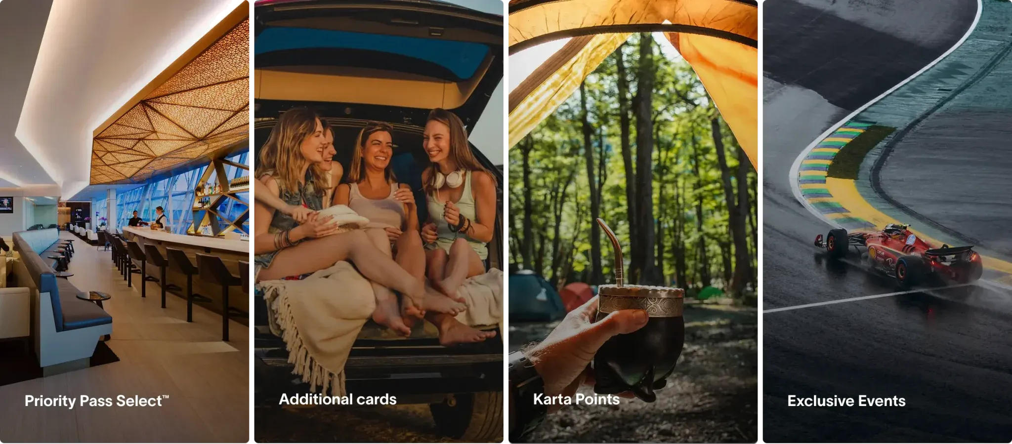 Karta premium lifestyle collage — the Karta metal card at Disney, a close-up on black, stacked with other world-class cards, and in its welcome box
