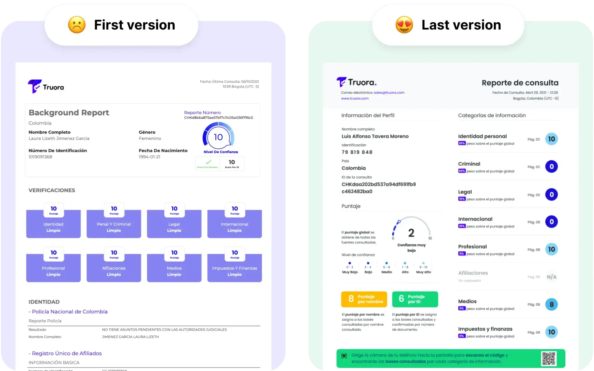Before-and-after of the Truora report — original version on the left in lavender, redesigned version on the right in mint green