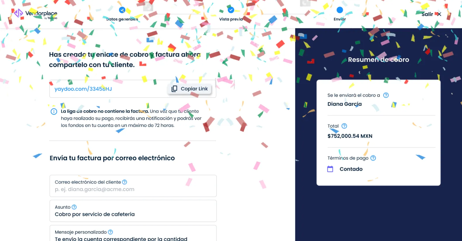 Yaydoo Vendorplace Aha moment — first-invoice celebration with confetti, copy-link share sheet, email-send form and Resumen de cobro card rewarding the Director on completion