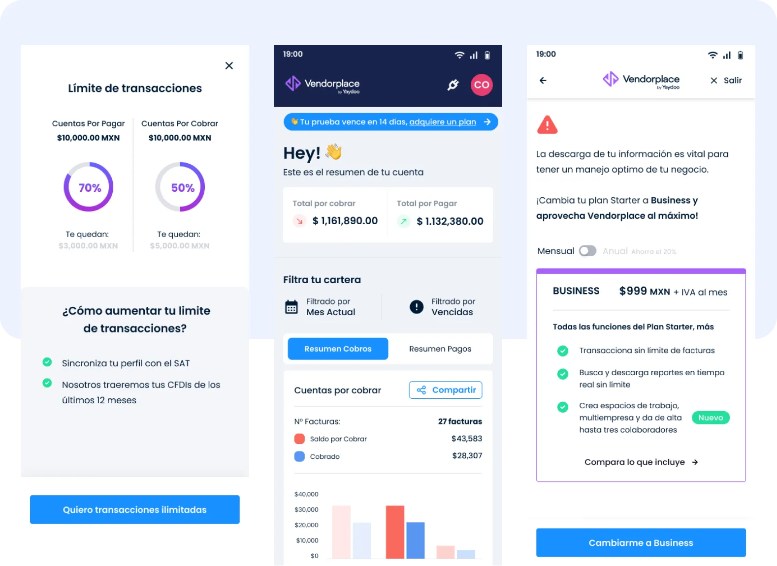Yaydoo Vendorplace on mobile — 100% responsive redesign on three phones showing transaction-limit reminder, ¡Hey! resumen dashboard and Business-plan upgrade screen