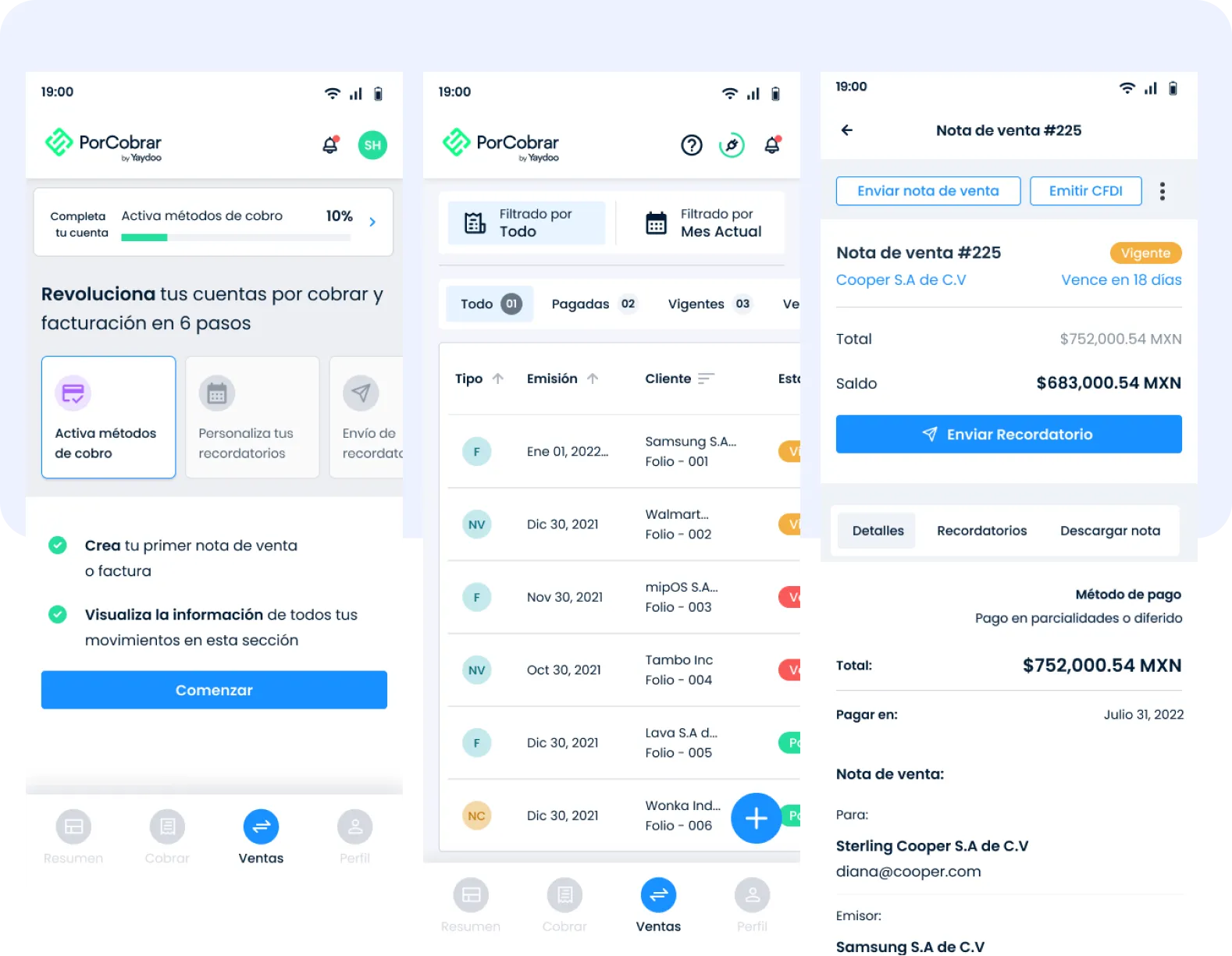 Yaydoo porCobrar on mobile — 100% responsive redesign on three phones showing revolutionised onboarding, invoice inbox and invoice-send confirmation