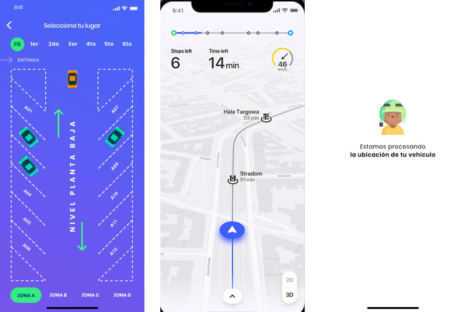 Spotfinder mobile app key screens — Selecciona tu lugar parking-floor picker with Nivel Planta Baja zones (Zona A–D) and a live reserved orange car, Steps left / Time left turn-by-turn map navigation to the mall and a processing state illustration telling the user Estamos procesando la ubicación de tu vehículo