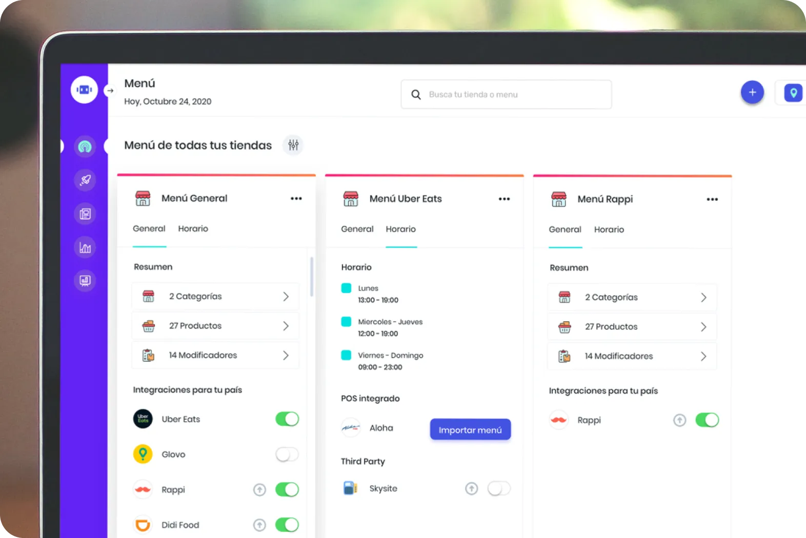 mipOS Dark Kitchen unified dashboard — one laptop consolidating Uber Eats, Didi Food, Rappi and iFood orders with 99% integration, Rechazar / Aceptar actions and live Lista para entrega status