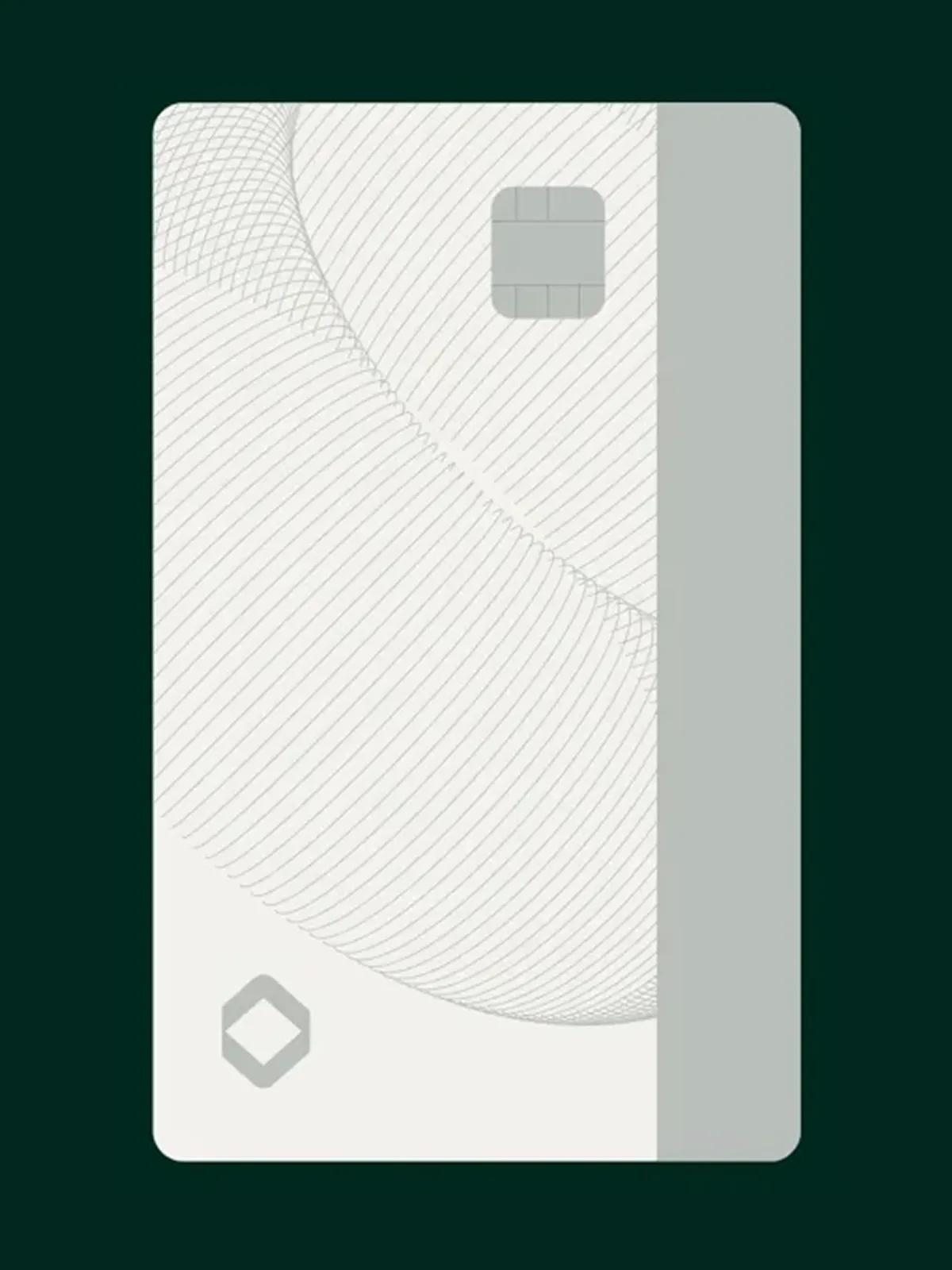 Karta Card pre-redesign concept in portrait — generic off-white industry card with a blank grey magstripe on the right, a minimal diamond chip icon at the bottom and a faint guilloché curve pattern, the commodity off-the-shelf look LATAM credit cards shared before the Comandos industrial-design rewrite