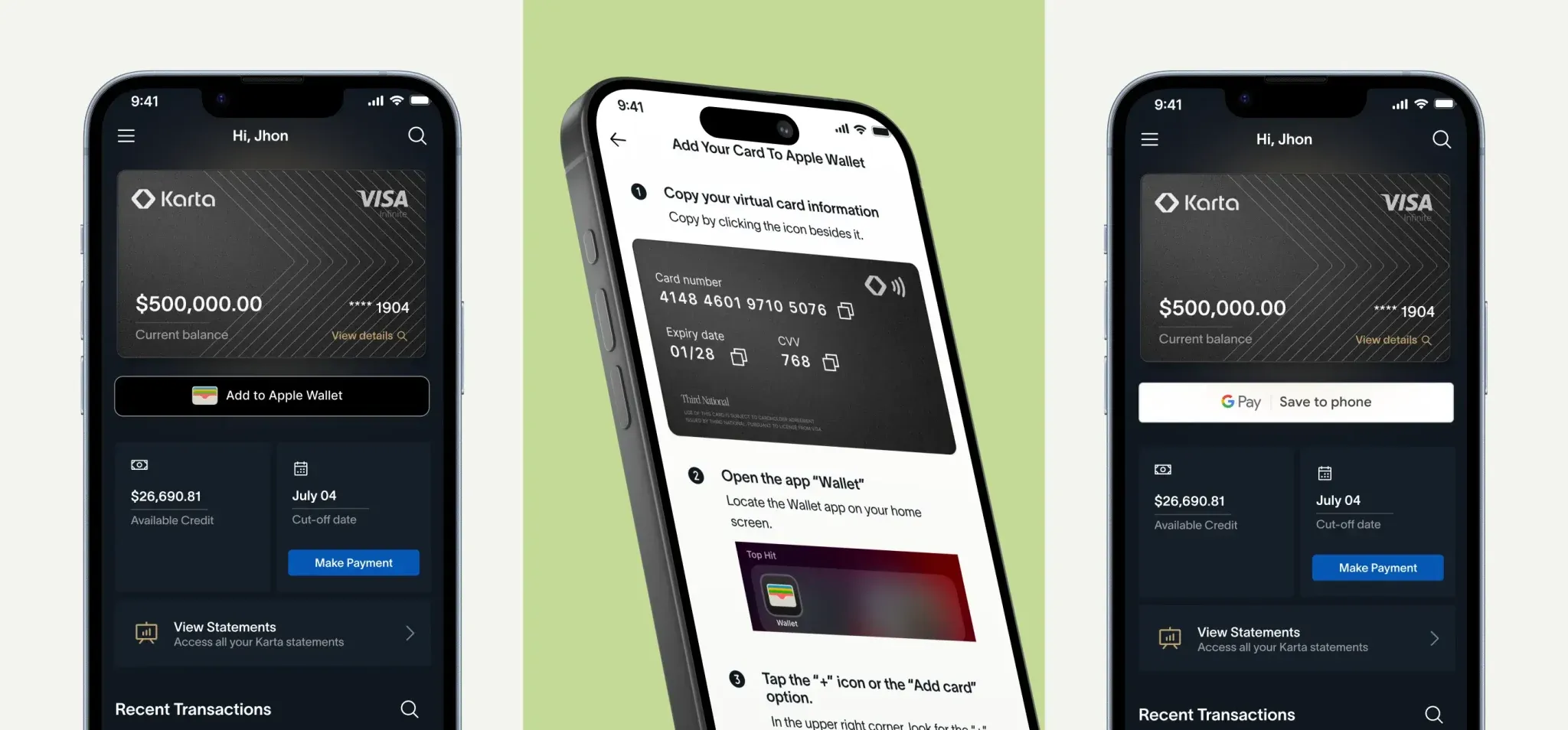 Karta digital credit card flow — generating the card in the app, copying the virtual number, and adding it to Apple Pay