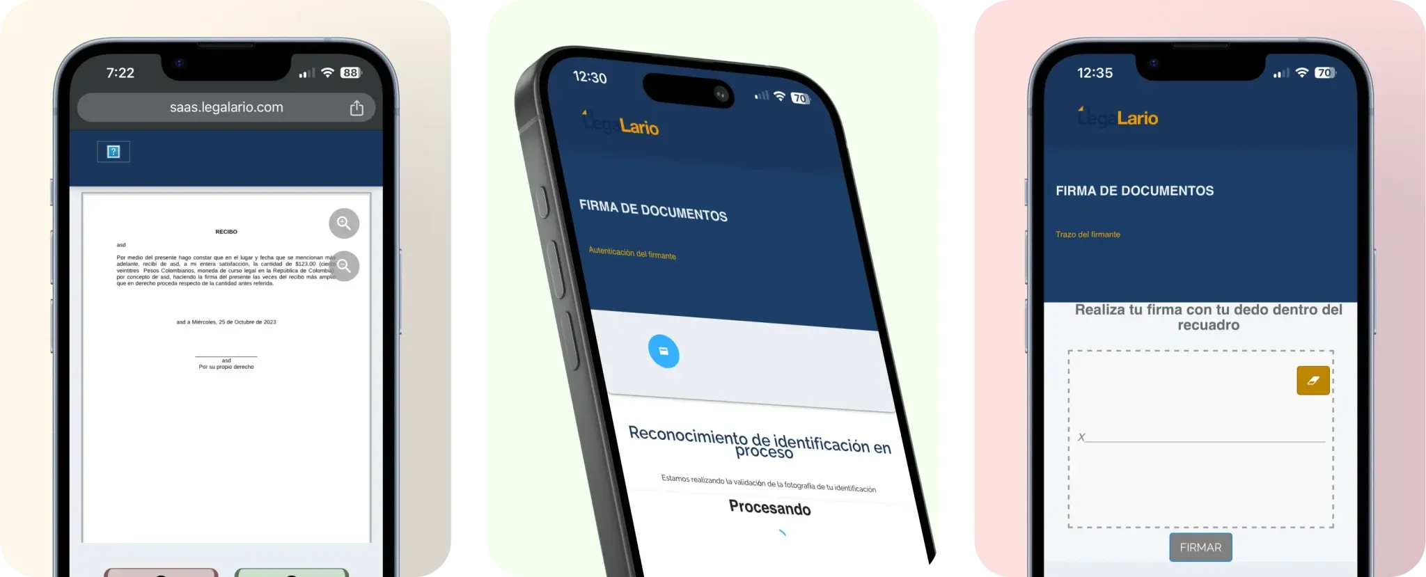 Legalario legacy electronic-signature flow — three outdated mobile screens Mexican SMB signers abandoned mid-flow, pre-redesign UX with cramped signature rectangles and low-confidence previews