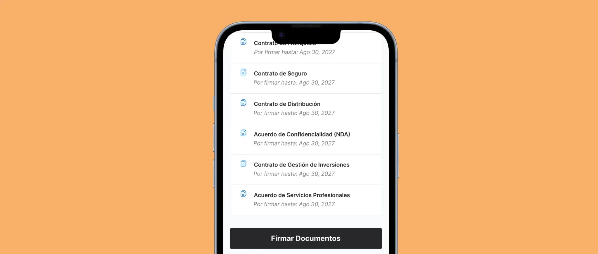 Mass signing of documents for recurring signers — a phone listing several pending contracts with a single sign-all action