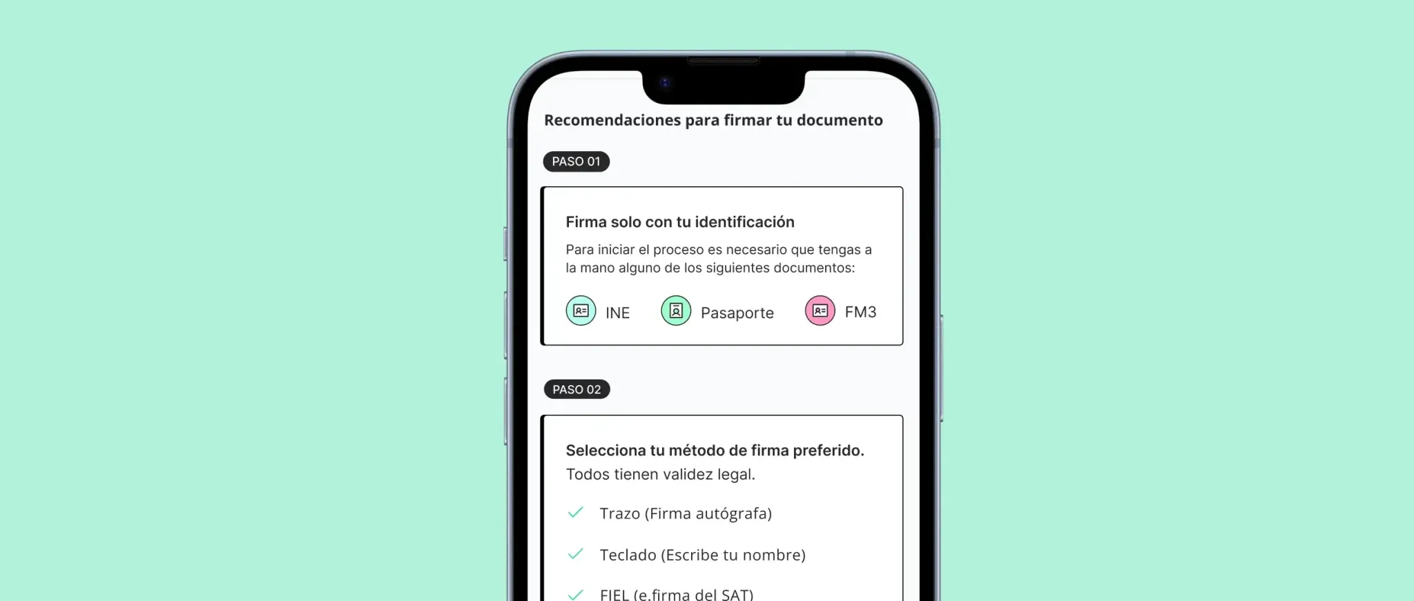Explanation of documents required for signing — phone showing identification options and signing method preferences
