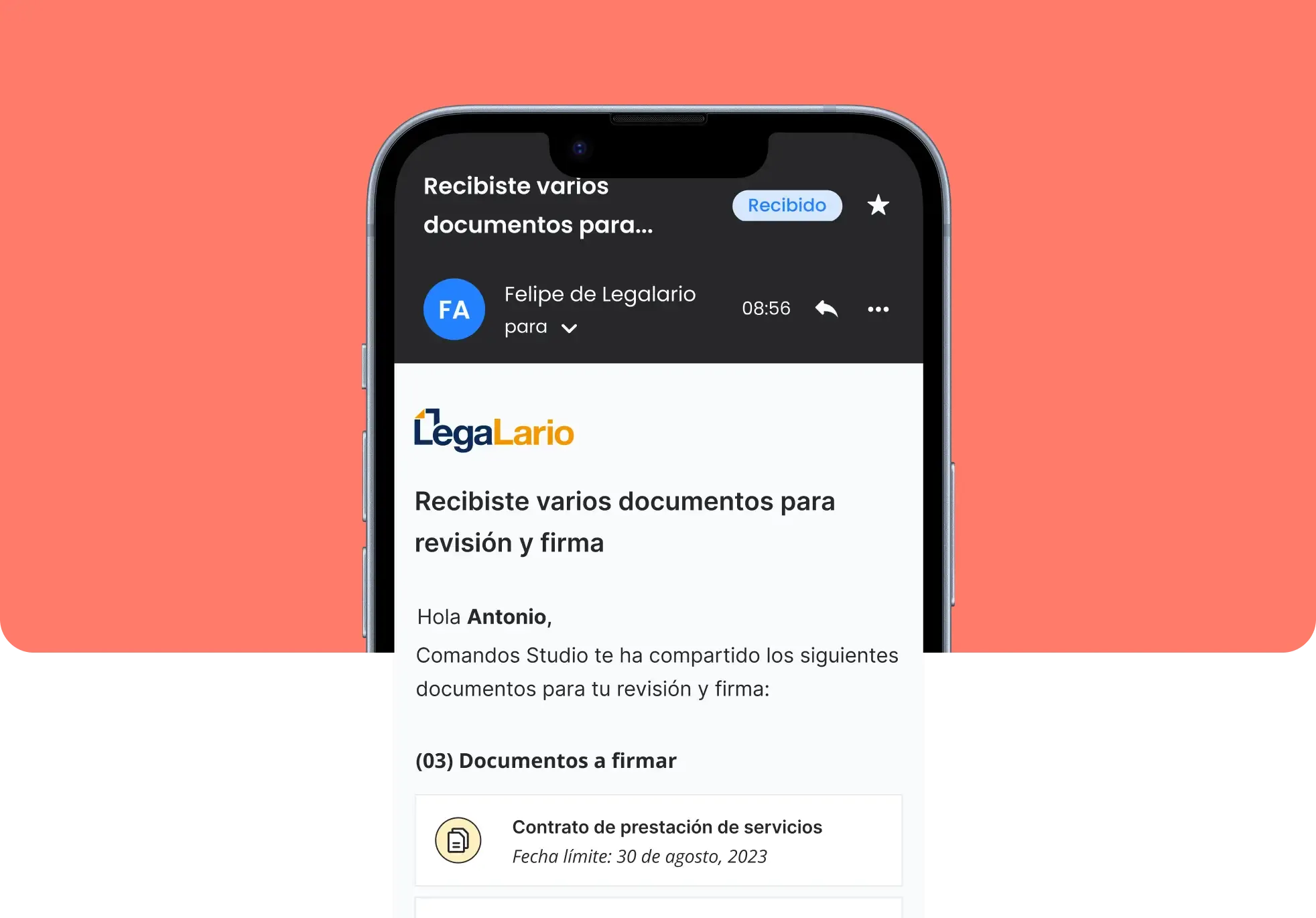 Legalario redesigned transactional email opened on an iPhone — Mexican SMB signer previewing the list of documents to sign with the multilingual notification template, the NPS-saving customer-success rewrite that replaced the legacy one-size-fits-all mail across LATAM