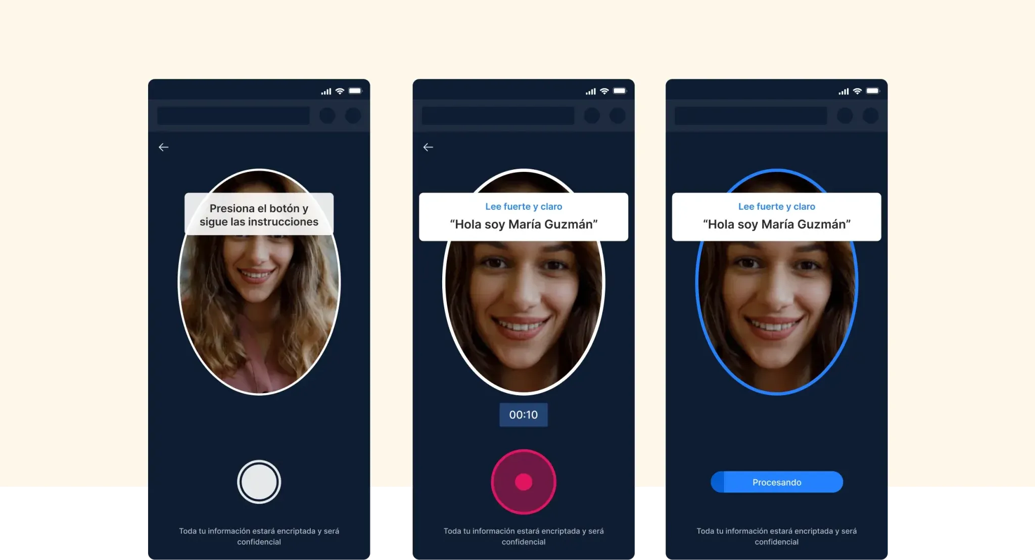 Proof of life with text-to-speech — three selfie frames prompting the user to read a phrase aloud