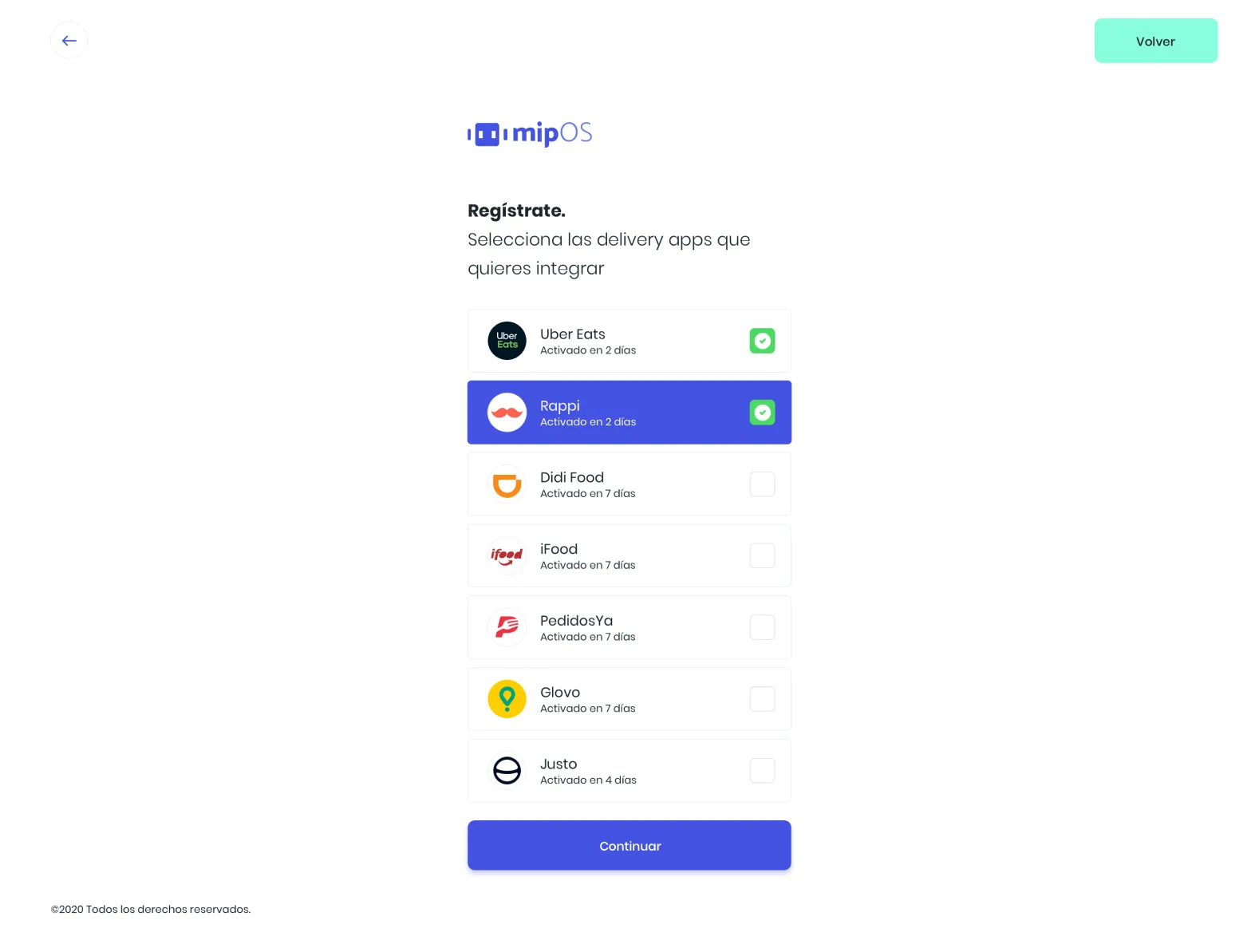 mipOS Dark Kitchen onboarding — Regístrate screen to select and integrate Uber Eats, Rappi, Didi Food, iFood, Pedidos Ya, Glovo and Justo delivery apps with per-app activation timeframe, the transparency lever that lifted retention to 70%