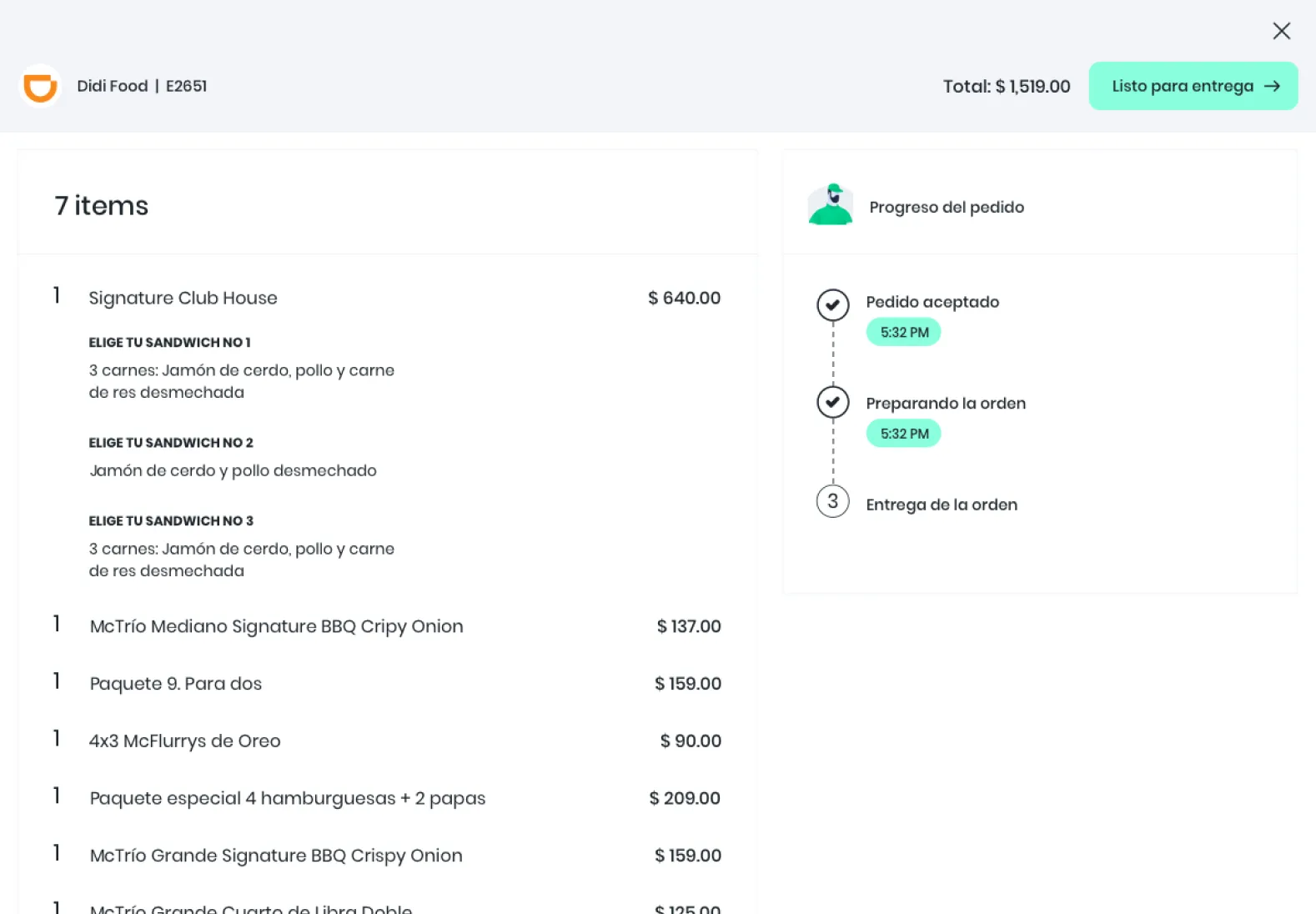 mipOS Dark Kitchen order-detail ticket — Didi Food E2691 with 7 items (Signature Club House, McTrío Mediano BBQ Crispy Onion, Paquete 8 Para dos, 4x3 McFlurrys de Oreo, Paquete especial 4 hamburguesas + 2 papas), total $1,519.00 and a Progreso del pedido timeline from Pedido aceptado to Entrega de la orden