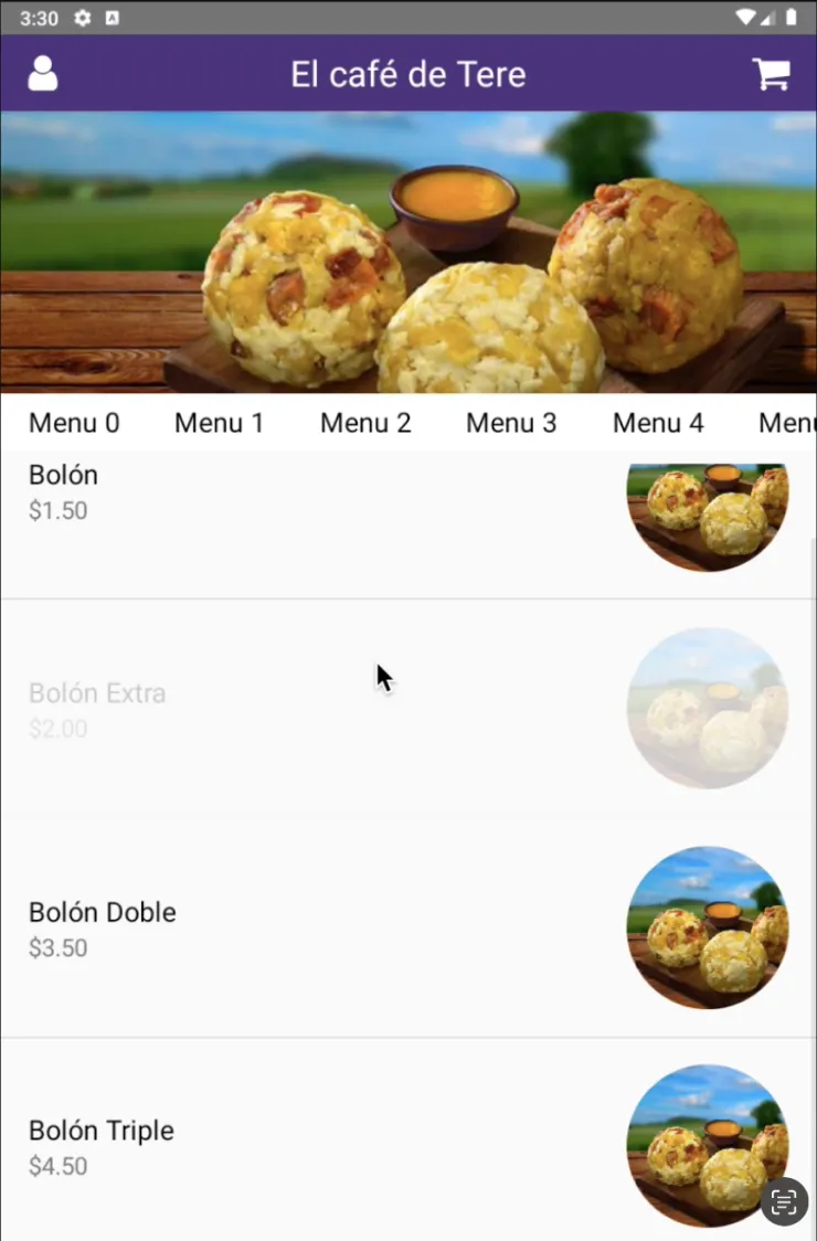 Pre-MVP legacy kiosk for El café de Tere — Android purple top-bar with flat Menu 0–4 tabs and Bolón / Bolón Doble / Bolón Triple price rows, the starting point before the ROKU redesign