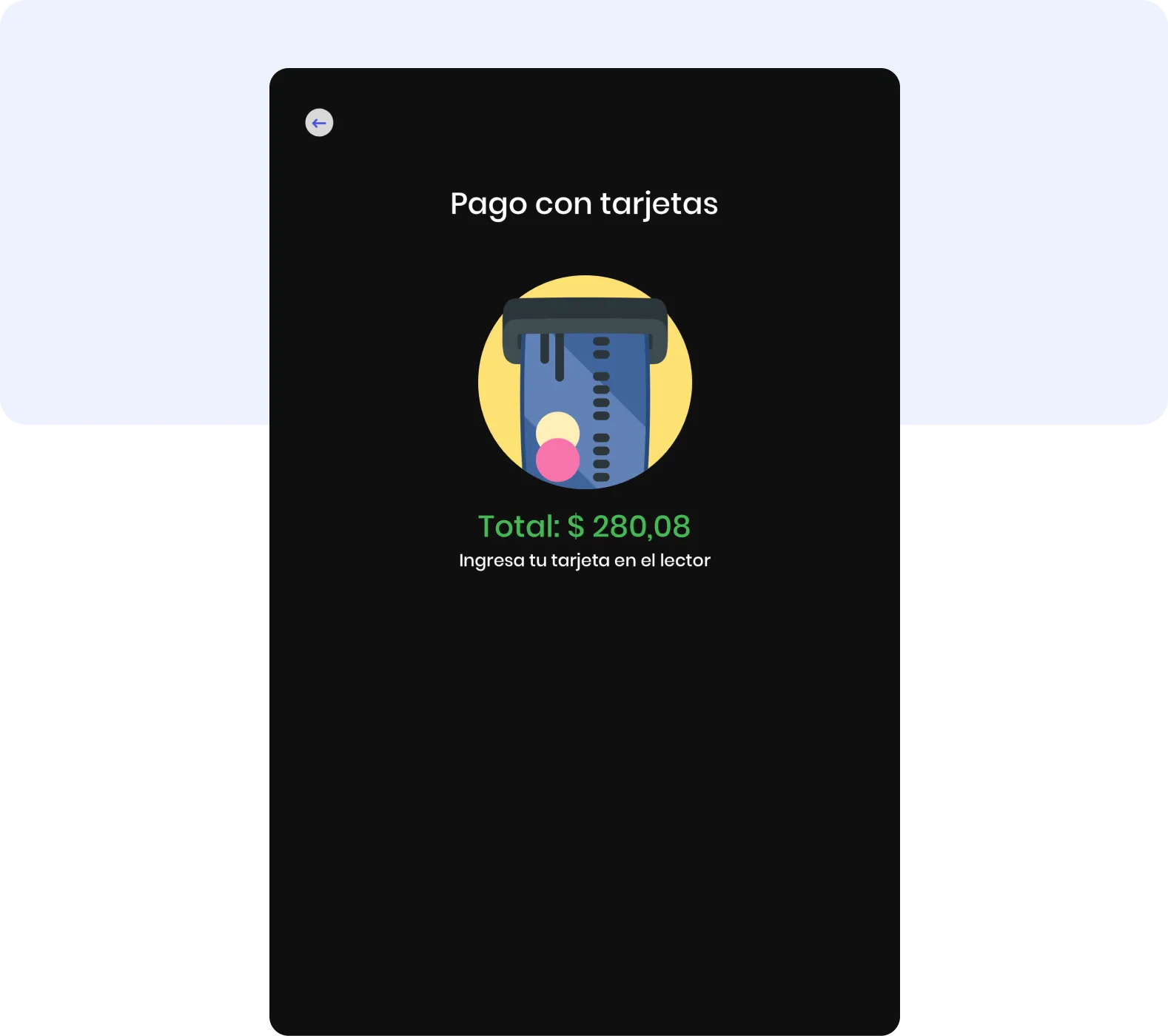 mipOS Kiosko Pago con tarjetas prompt — dark self-order screen asking the customer to insert the card on the reader, with a yellow illustrated card terminal and mint Total: $280,08 call-out, bridging the gap between the Kiosko and the physical card reader