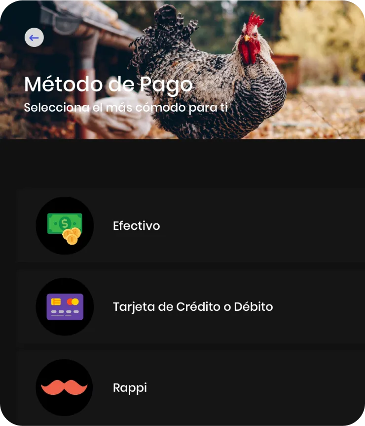 mipOS Kiosko payment step on self-order kiosk — Método de Pago with Efectivo, Tarjeta de Crédito o Débito and Rappi, tuned for LATAM cash-heavy fast-food customers with a FinTech QR alliance layered on top
