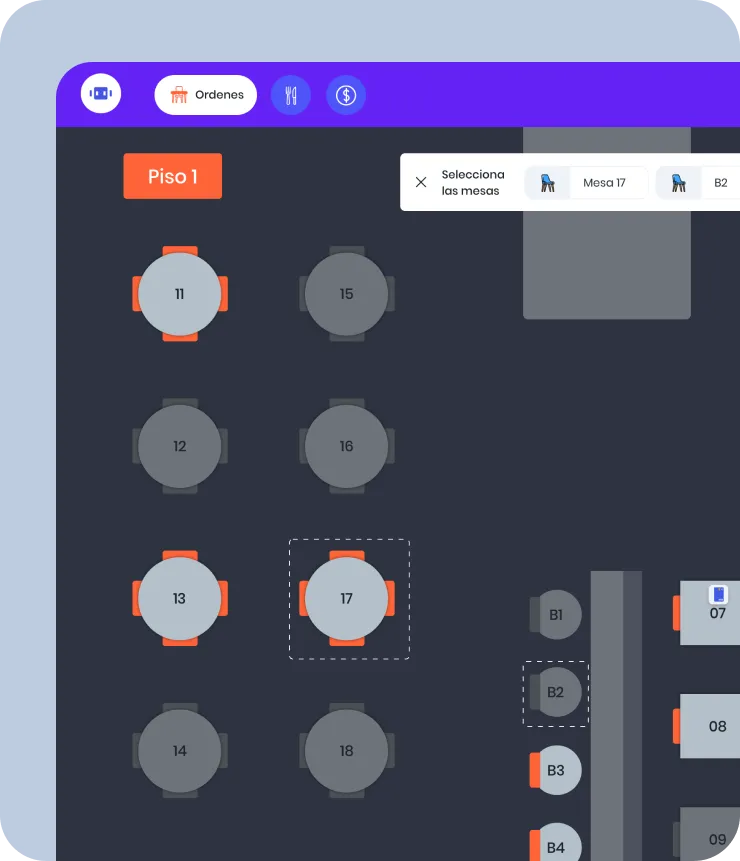 mipOS Restaurant POS Table and Order Control module on tablet — Piso 1 floor plan with Mesa 11, 15, 12, 16, 13, 17, 14, 18 and B1–B4 bar seats, Selecciona las mesas bulk-merge sheet for very large groups