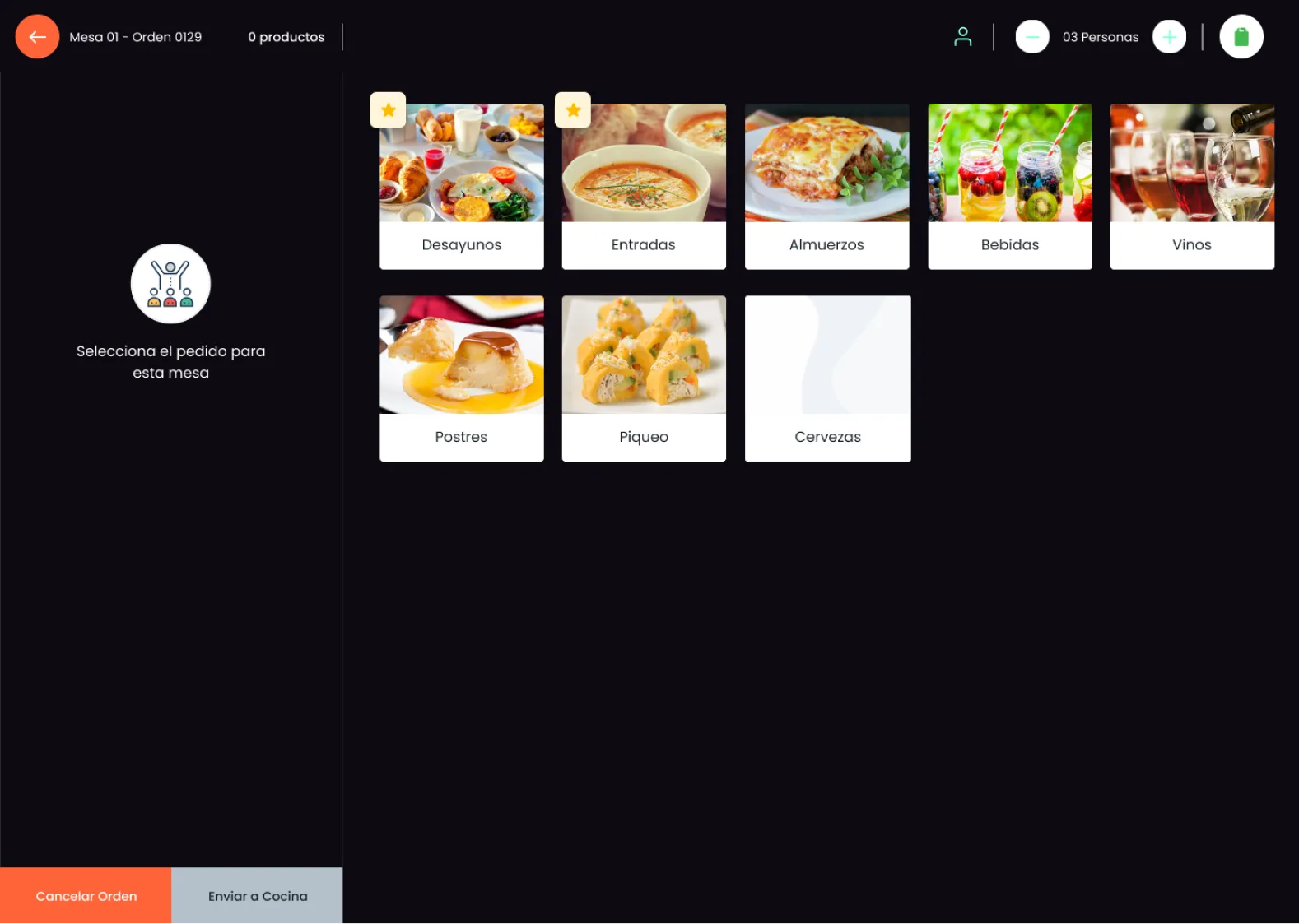 mipOS Restaurant POS dark-mode waiter menu — Mesa 01 Orden 0129 with 8 photographic dish categories (Desayunos, Entradas, Almuerzos, Bebidas, Vinos, Postres, Piqueo, Cervezas) tuned for low-light dining rooms and right-handed waitstaff ergonomics, with Cancelar Orden and Enviar a Cocina footer actions
