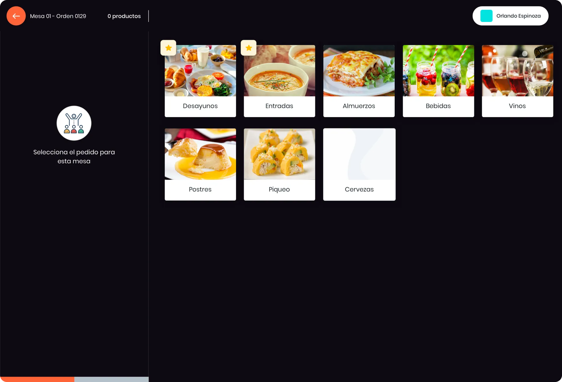 mipOS Restaurant POS waitstaff order flow on tablet — Mesa 01 — Orden 0129 with 8 photographic menu categories (Desayunos, Entradas, Almuerzos, Bebidas, Vinos, Postres, Piqueo, Cervezas) and Orlando Espinoza waiter session clocked in