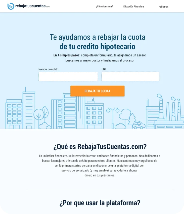 RebajaTusCuentas legacy 2018 mortgage comparison platform — the Peruvian PropTech UX before the Comandos full redesign, stuck in one country with flat conversion