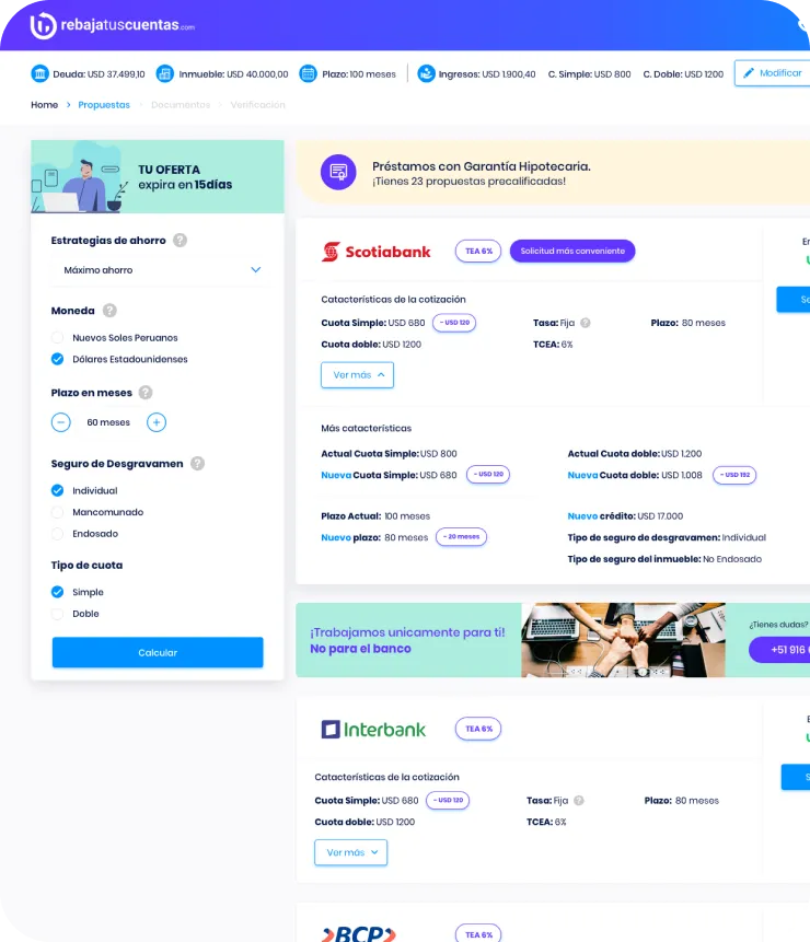 RebajaTusCuentas redesigned pre-qualified credit offer — Tu oferta expira en 15 días countdown with savings strategy, currency, term in months and Scotiabank, Interbank and BCP quotes side-by-side