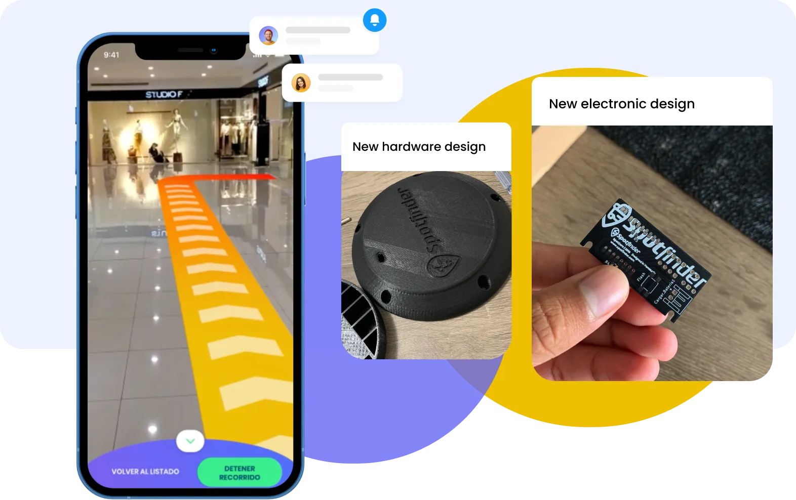 Spotfinder final result montage — iPhone showing augmented-reality wayfinding arrows on the mall floor with the Spotfinder app, alongside the New hardware design (black low-profile puck) and New electronic design (custom Spotfinder PCB) cards, the full redesigned IoT + software experience