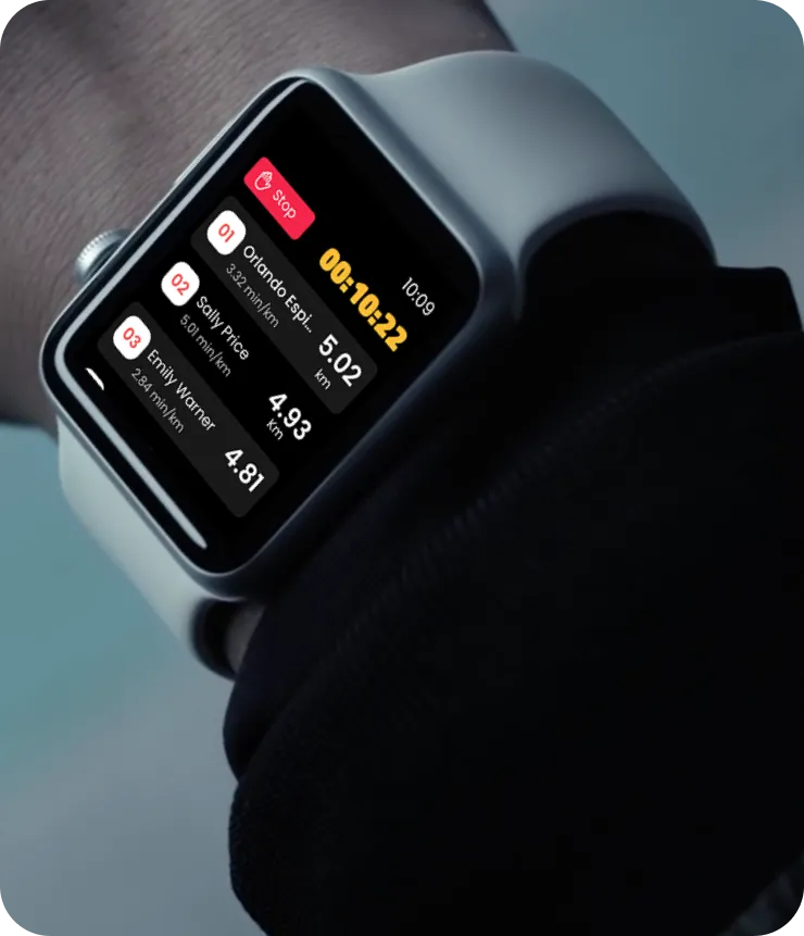 Stadio final Apple Watch delivery — live race screen on the wrist with Orlando Espi., Sally Price and Emily Warner ranked 01/02/03 and 00:10:22 elapsed