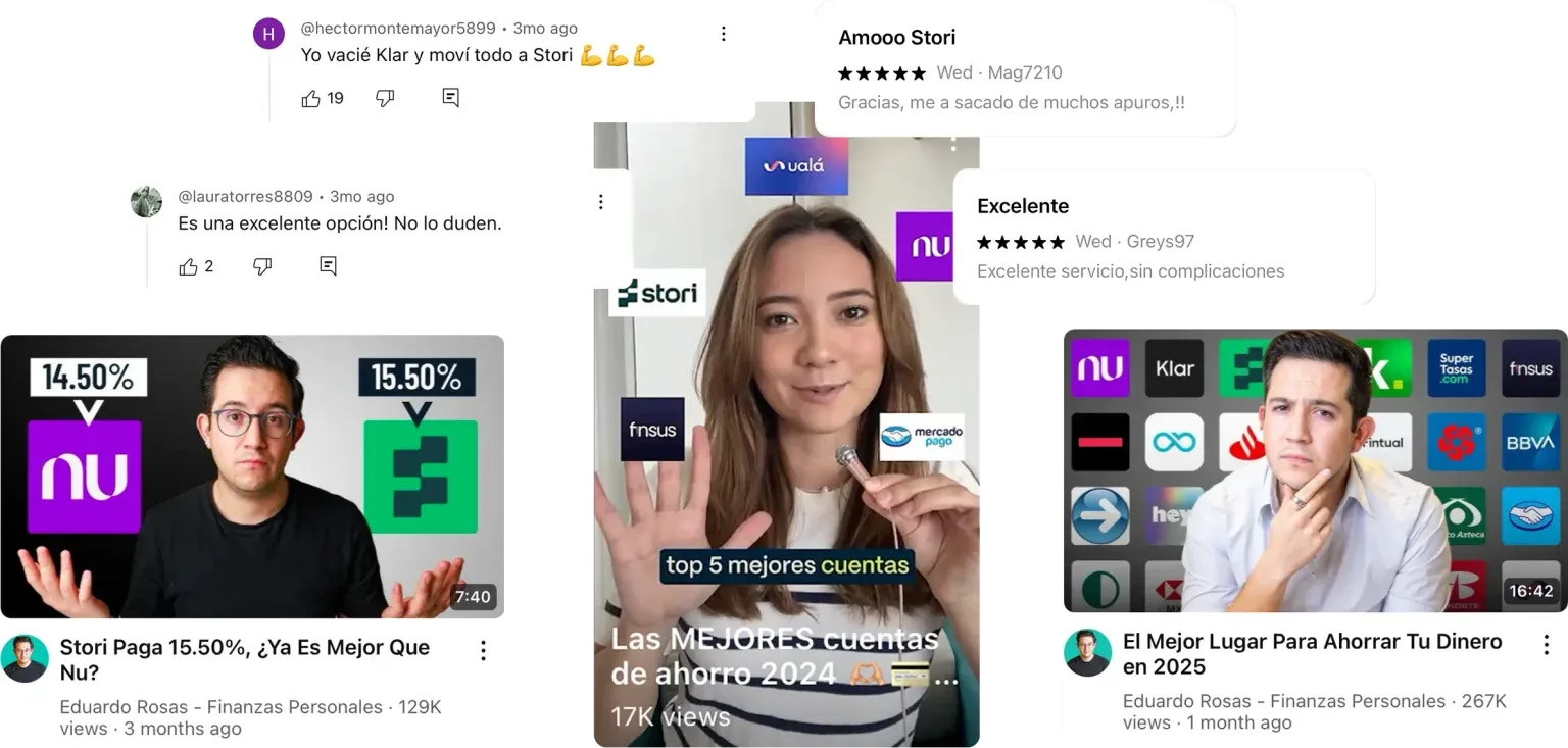 YouTube personal-finance creators reacting to the redesigned Stori Inversión+ investing flow in Mexico