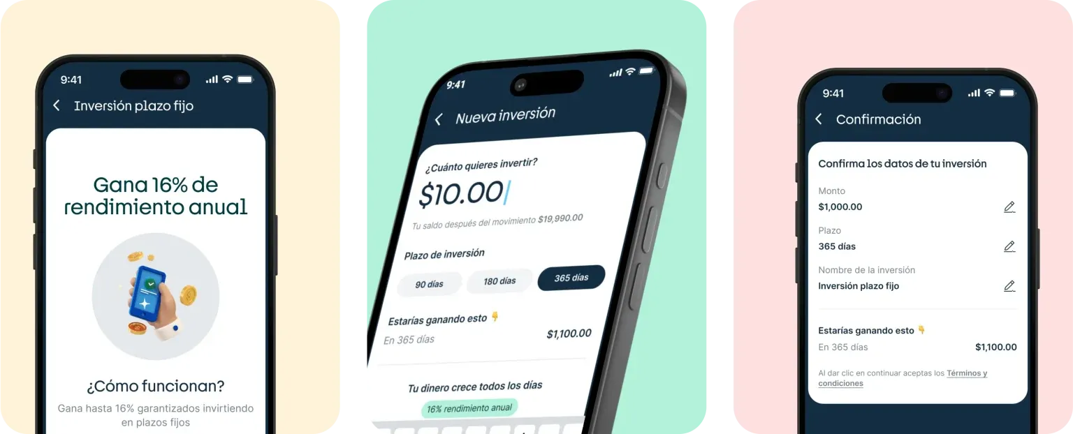 Stori Inversión+ first version — three phone mockups of the onboarding tested with users through the JTBD framework