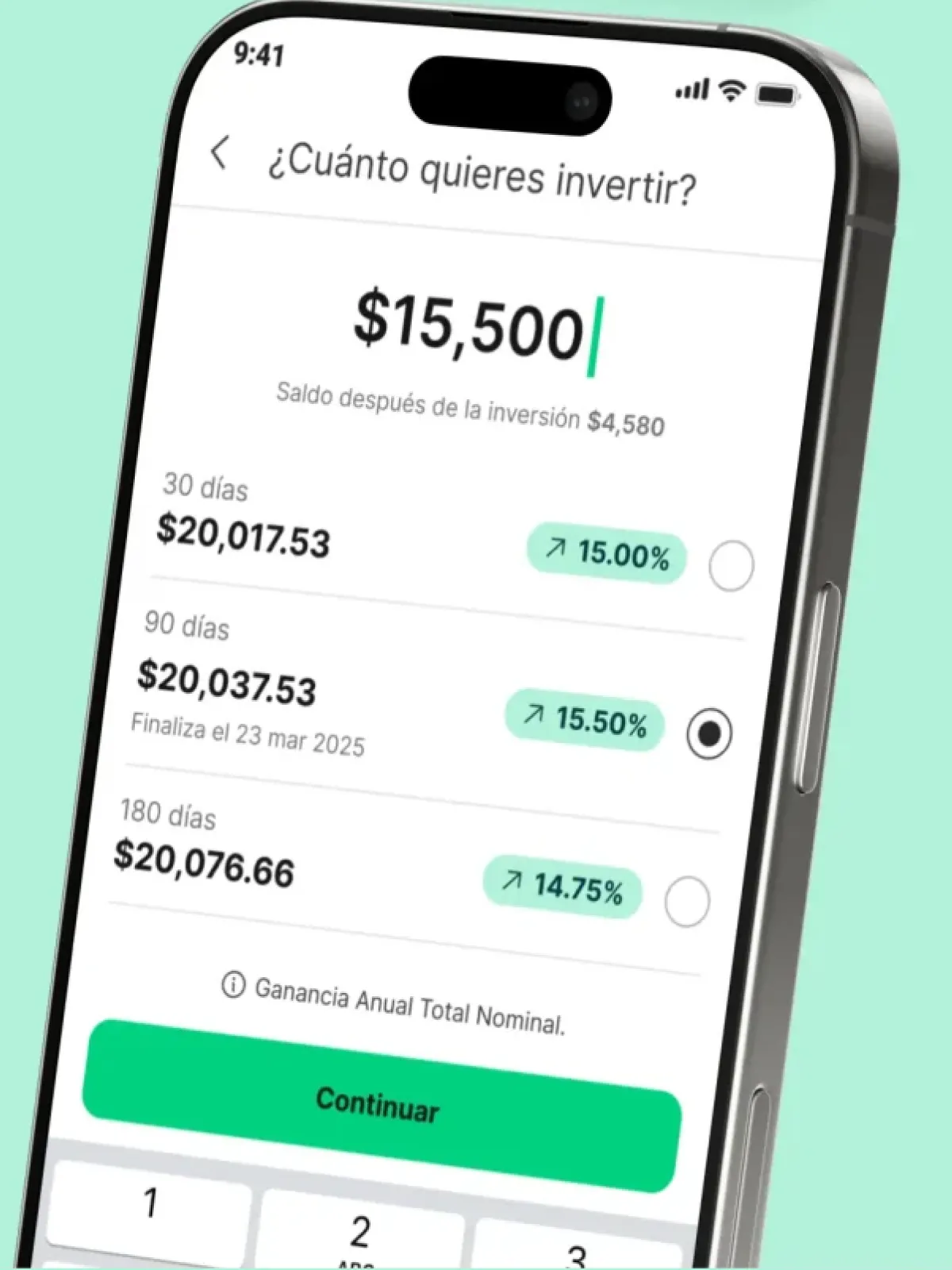 Stori Inversión+ redesigned guided fintech savings flow on iPhone — ¿Cuánto quieres invertir? screen with a $15,500 input that auto-previews the 30 / 90 / 180 días return ($20,017.53 · $20,037.53 · $20,076.66) plus ↗ 15.00% / 15.50% / 14.75% rate pills, a Saldo después de la inversión hint and a mint Continuar CTA, the MVP Comandos shipped for Stori Mexico that drove +477% activation explosion in 90 days