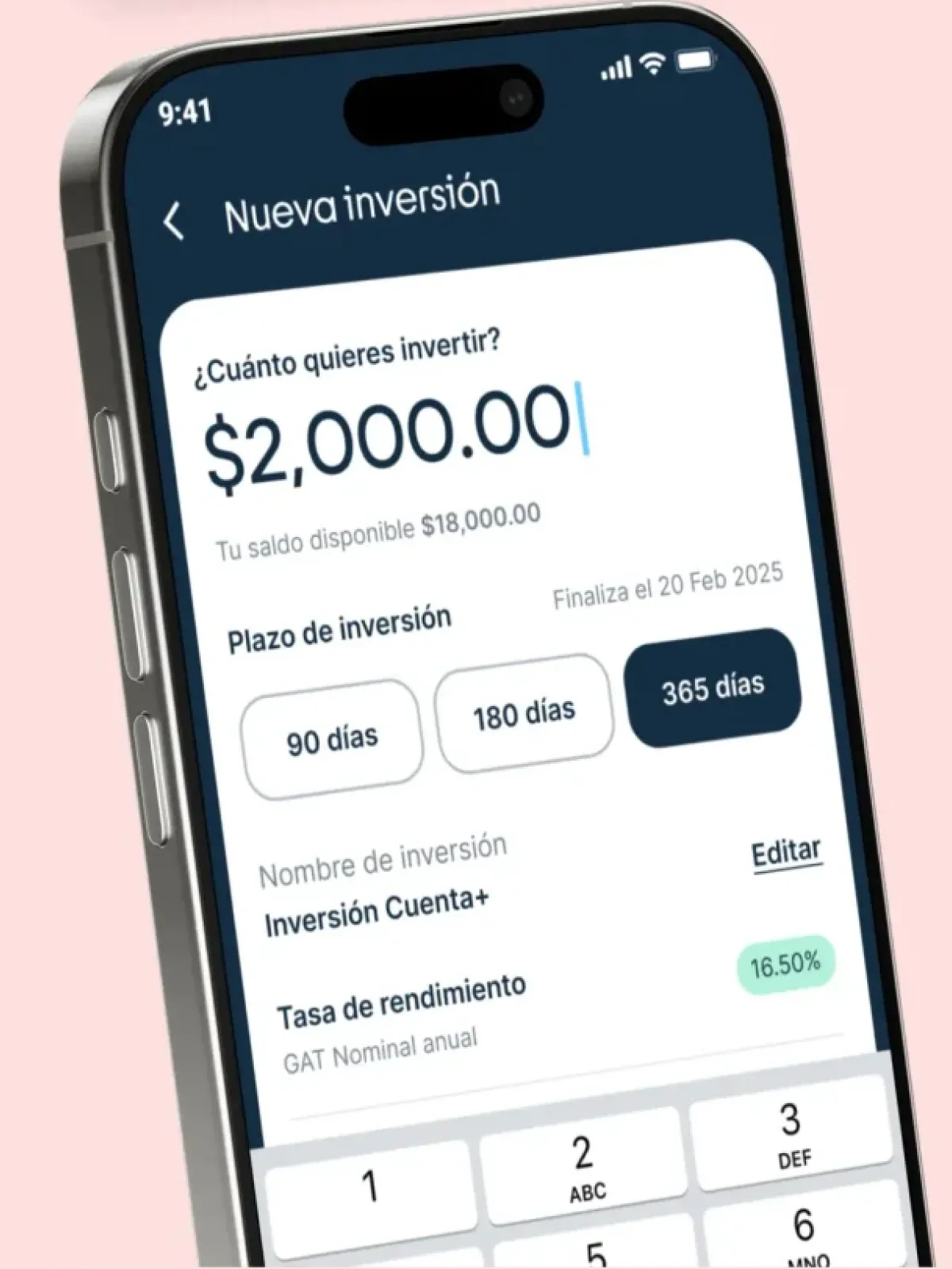 Stori Inversión+ pre-redesign legacy flow — Nueva inversión screen on iPhone with a $2,000.00 amount input, fixed 90 / 180 / 365 días plazo pills and separate Nombre de inversión / Tasa de rendimiento (GAT Nominal anual 16.50%) blocks, the fragmented fintech savings onboarding Mexican savers opened but abandoned before activating their first time-locked investment