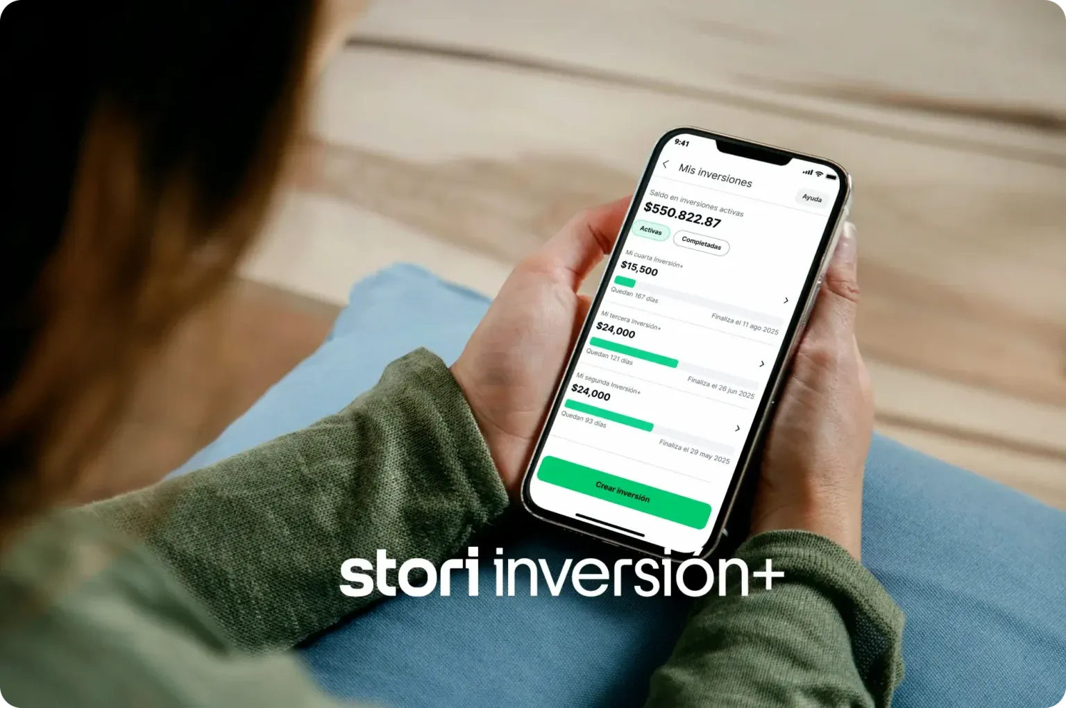 Stori Inversión+ fintech app — phone showing the time-locked savings product screen with tiered yields and guided investing