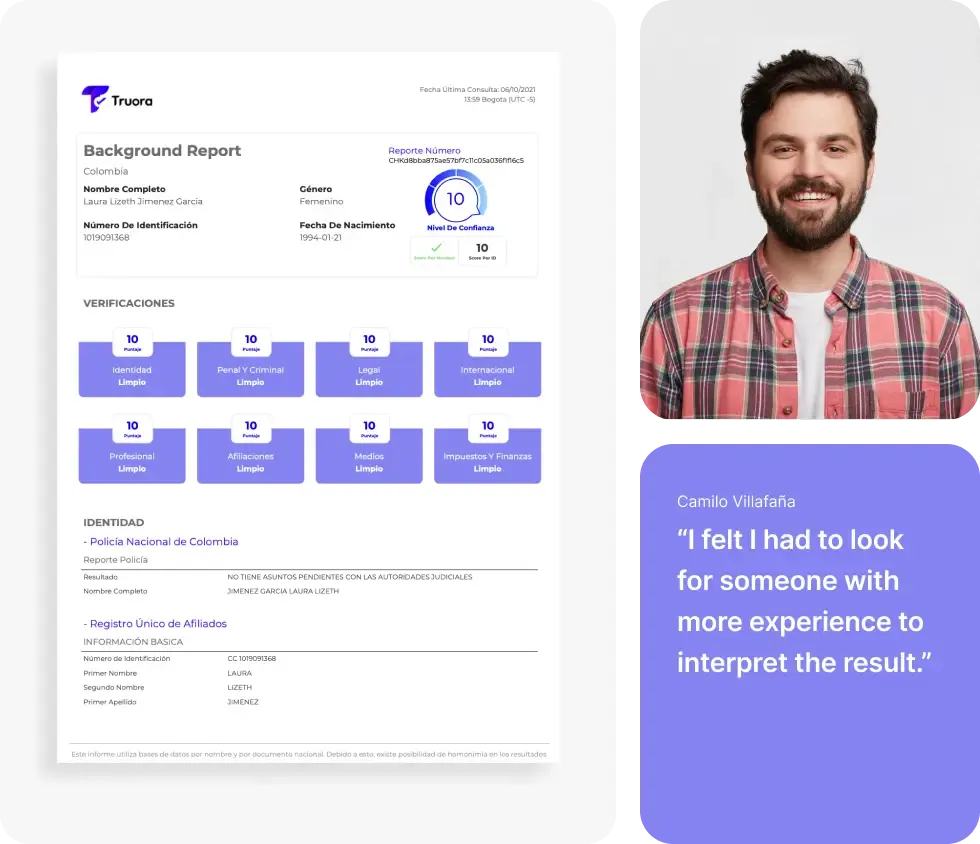 Truora legacy Background Check Report opened in-browser next to a Camilo Villafaña customer quote — the raw, technical report layout LATAM HR analysts struggled to interpret before the Comandos redesign, with an 8-minute read time that drove the rewrite of the whole deliverable