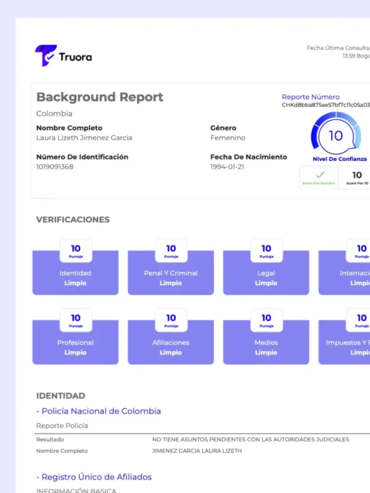 Truora Background Check Report pre-redesign — dense Colombia KYC page showing Laura Lizeth Jimenez Garcia's full profile (nombre, género, fecha de nacimiento, número de identificación) alongside a wall of Identidad / Penal y Criminal / Legal / Internacional / Profesional / Afiliaciones / Medios / Impuestos y Finanzas cards each with its own Puntaje 10 Limpio, the raw technical report LATAM HR analysts spent 8 minutes per read trying to interpret