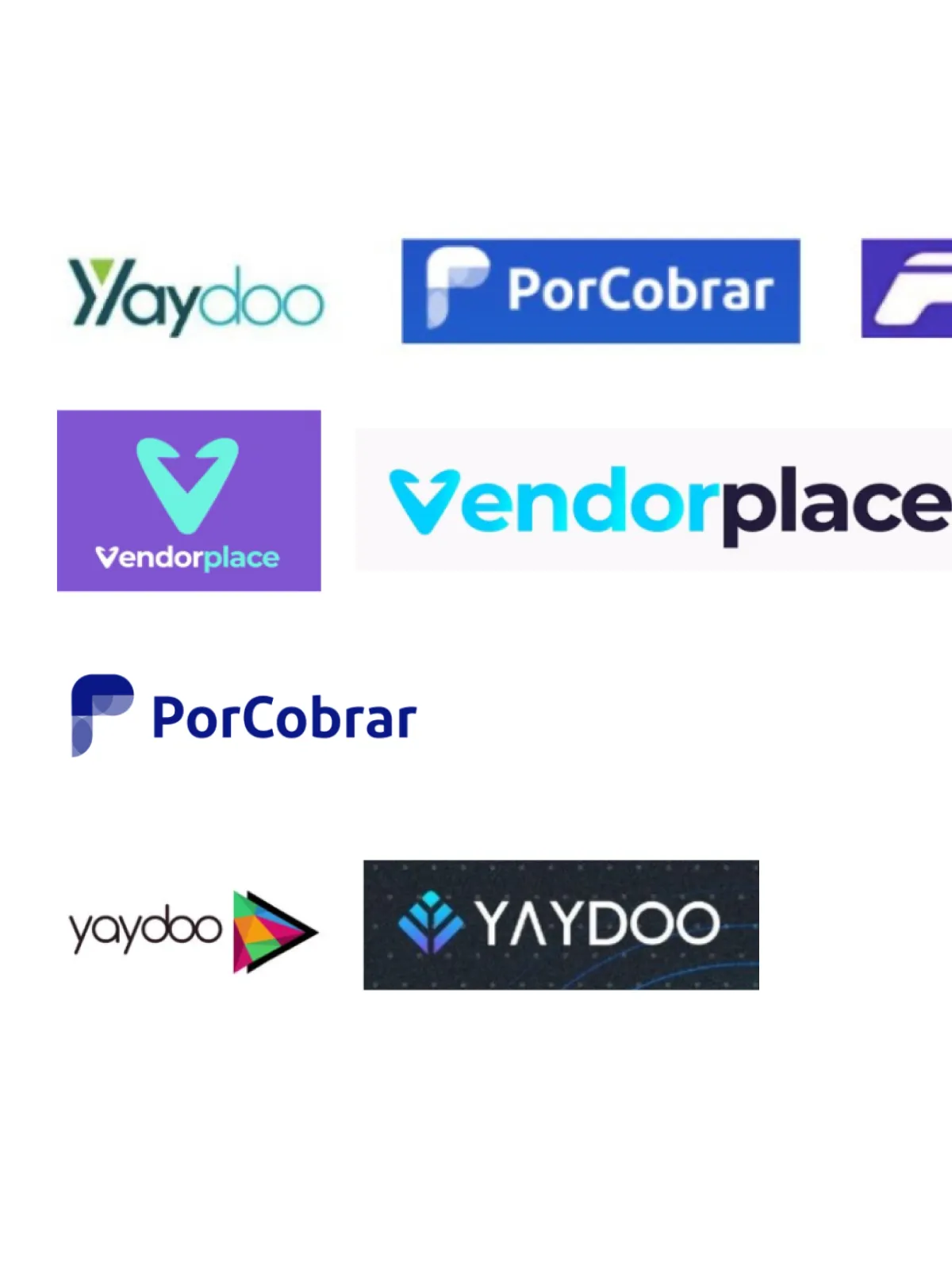 Yaydoo brand audit pre-Grill Design System — eight inconsistent logo variations shipping in the wild across the Mexican B2B SMB portfolio: two different Yaydoo wordmarks, two PorCobrar lockups (blue chip + standalone P-icon), a purple-block Vendorplace icon alongside a cyan Vendorplace wordmark, and two YAYDOO all-caps treatments with mismatched lotus / navy-dotted icons — the brand chaos the Comandos Grill Design System rewrite was built to consolidate