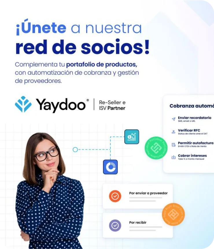 Yaydoo partner-program landing page — the unified brand applied to the ¡Únete a nuestra red de socios! lead-gen page for collections and receivables automation